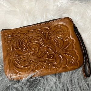 Patricia Nash Embossed Brown Leather Wristlet